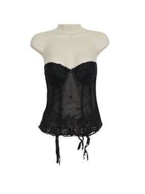 VTG Victorias Secret 34B Corset Black Mesh Lace Garter Strap Strapless 2001 Y2K